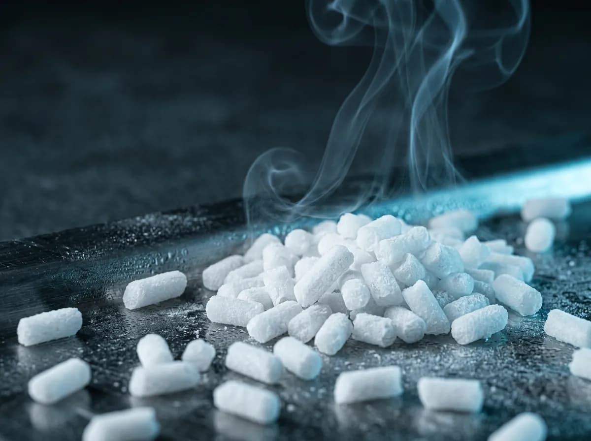 Siyahlı zeminde 3 mm pelet kuru buz taneleri ve soğuk buğu